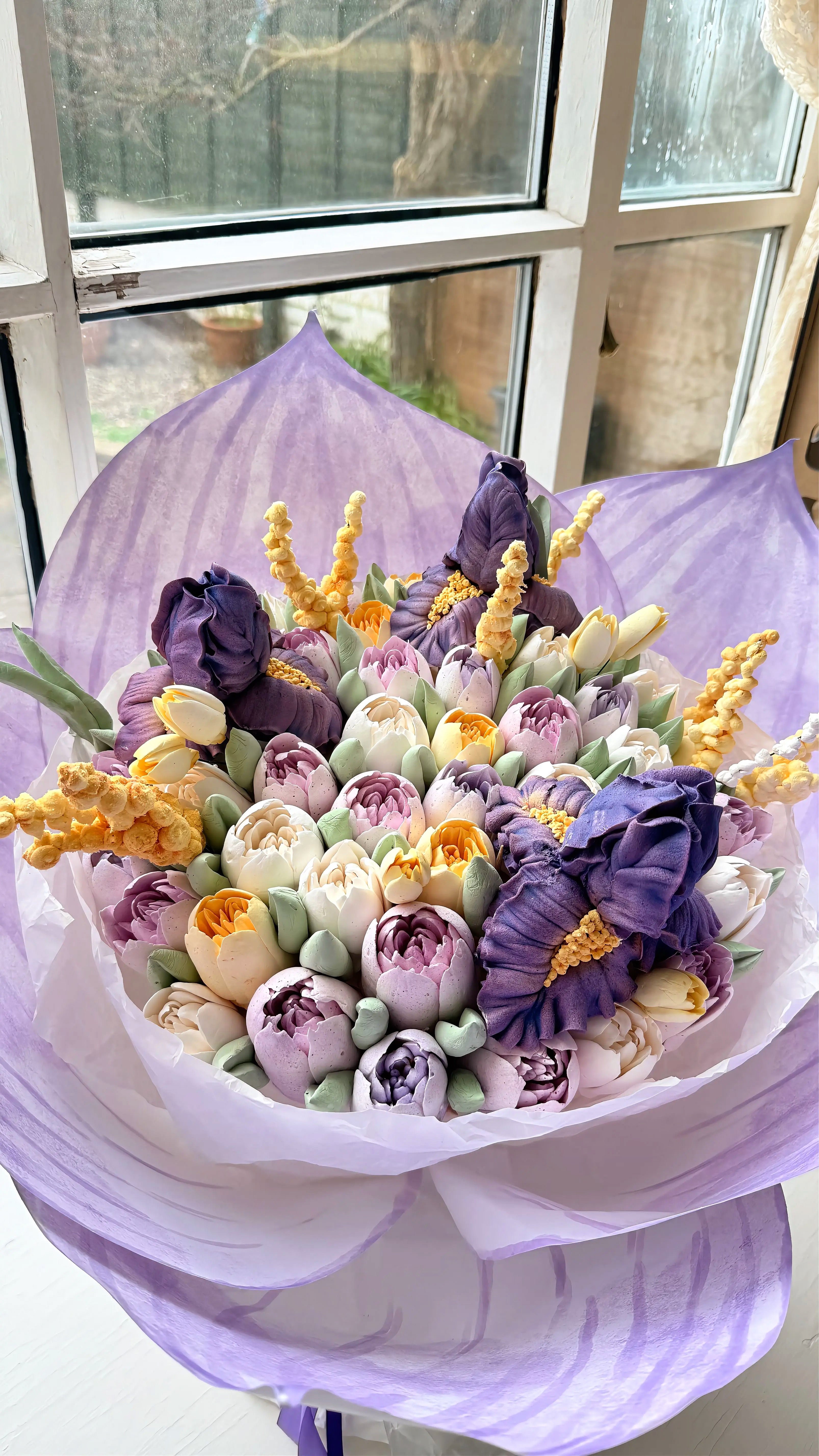 Marshmallow Tulip Bouquet With Irises
